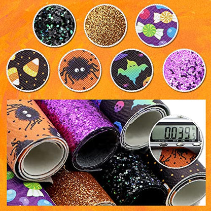 7 Pieces Halloween Faux Leather Sheets, Purple Black Glitter Synthetic Leather Sheets Earrings and Bows, Bat Spider Candy Faux Leather Fabric for Halloween DIY Crafts Making Hair Bows Handmade Bag - color: 7 Piece
