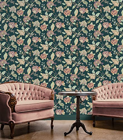 NextWall Kianna Jacobean Floral Peel and Stick Wallpaper (Victorian Jade) - color: Victorian Jade
