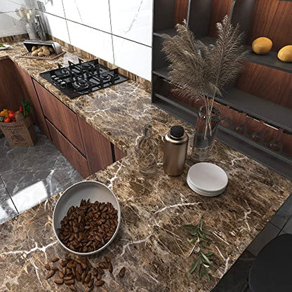 Burgeliy Peel and Stick Waterproof Wallpaper24×356in Vinyl Wrap Protector Auto Modification Tint Film Dark Brown Marble Shiny Granite for Kitchen Countertops Table Desk Furniture Self Adhesive Film - size: 24"W x 356"L