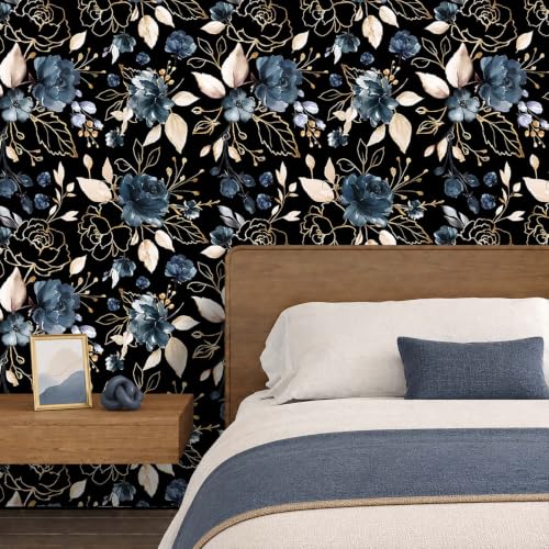 Black Gold Floral Peel and Stick Wallpaper 17.7"x118" - color: Black/Gold/Navy Blue/Beige, size: 17.7" x 118"