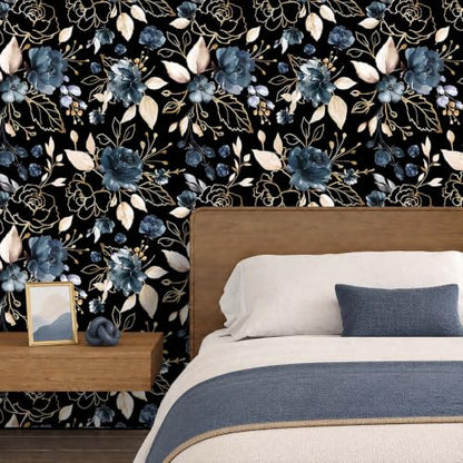 Black Gold Floral Peel and Stick Wallpaper 17.7"x78.8" - color: Black/Gold/Navy Blue/Beige, size: 17.7" x 78.8"