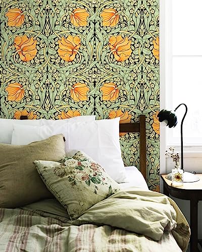 HAOKHOME William Morris Style Peel and Stick Wallpaper Art Deco Wall Paper - color: Green/Yellow/Black, size: S: 17.3in x 9.8ft