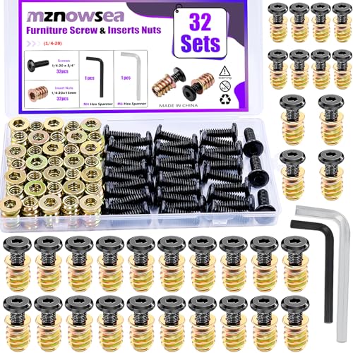 32 Sets Furniture Screw Nut 1/4-20 x 3/4" Threaded Inserts for Wood 1/4-20 x 19/32" Nut Threaded Wood Inserts Bolt Fastener Connector with Hex Spanner