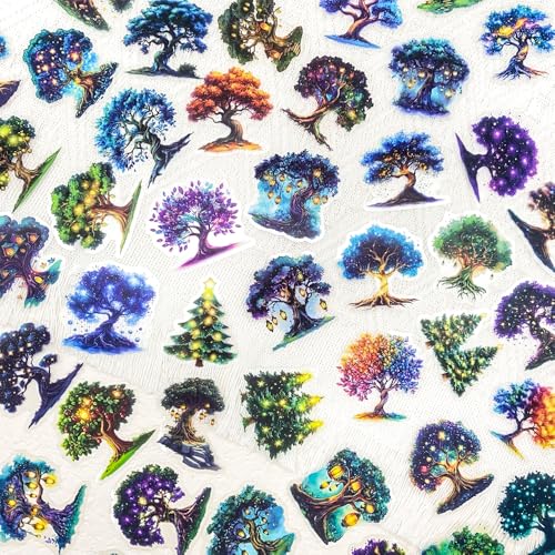 50pcs Fantasy Magic Tree Stickers Pack – Clear Waterproof Scrapbook Decals for Journaling, Diary, Collage, Laptop, Water Bottle, Planner, Aesthetic Nature Forest Tree of Life Sticker - color: Magic Tree