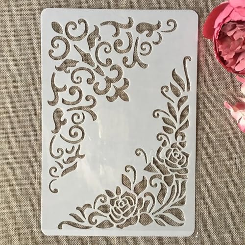 TIAMECH A4 Reusable Vintage Floral Edge Stencil for Painting - style: Frame Edge Background
