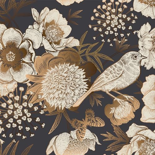 Floral & Birds Peel and Stick Wallpaper Antique Gold Dark Self Adhesive Removable Floral Wallpaper for Bedroom Renter Friendly Floral Contact Paper for Bedroom Bathroom Walls Shelf Liner 17.7"x118.1" - color: Black/Gold, size: 17.7" x 118.1"
