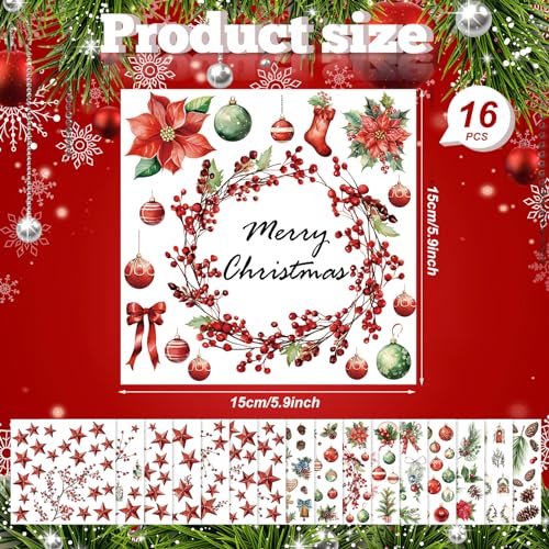 SATINIOR 16 Sheet Merry Christmas Rub on Transfer Sticker for Craft Xmas Tree Snowman Red Berry Poinsettia Star Gingerbread Rub on Decal for Furniture Scrapbook DIY Wood Fabric Envelope 5.9 x 5.9 Inch - style: Fresh Style