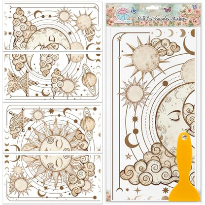 GLOBLELAND 4 Sheets Bohemia Lunar Solstice Rub on Transfers Sun and Moon Furniture Decor Transfers Decal Magical Divination Transfers Stickers for Bedroom Living Room Desk Table Decoration