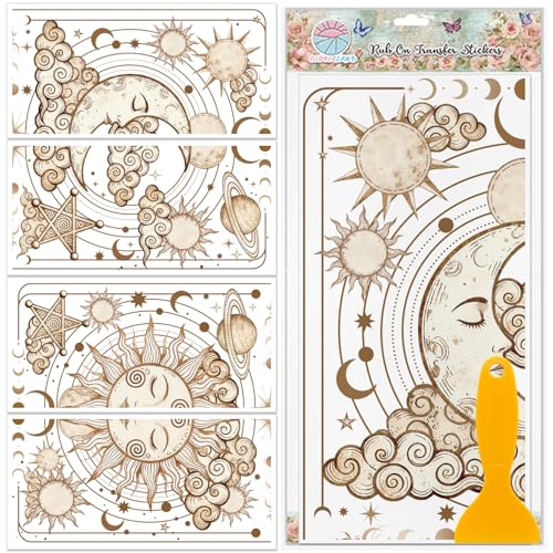 GLOBLELAND 4 Sheets Bohemia Lunar Solstice Rub on Transfers Sun and Moon Furniture Decor Transfers Decal Magical Divination Transfers Stickers for Bedroom Living Room Desk Table Decoration