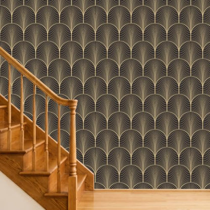 Peel and Stick Wallpaper, Black and Gold Art Deco Fan Pattern, 236in x 17.7in, Waterproof Vinyl, Removable Reusable, Eco-Friendly, for Bedroom Living Room Rental Apartment - color: Dark1, size: 17.7" x 236.2"