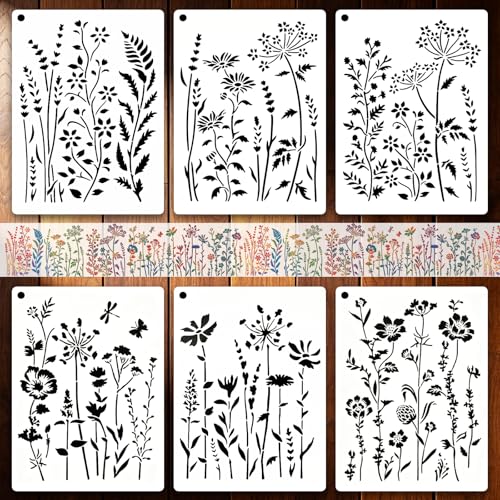 6 PCS Wildflower Stencils for Painting, Reusable Large Floral for Crafts - size: 6 Pcs (14.57*11in)