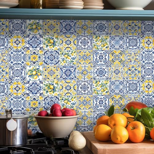 Faccito 24 Pcs Lemon 4x4 Tile Stickers Peel Stick Wall, Mediterranean - style: Lemon