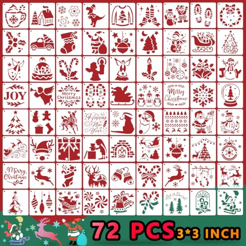 72 PCS Christmas Stencils for Painting - 3x3 Inch Santa Claus Snowflake Christmas Tree Reusable Xmas Painting Templates on Wood, Glass, Fabric, Window Door Decor DIY Party Decoration - style: Christmas