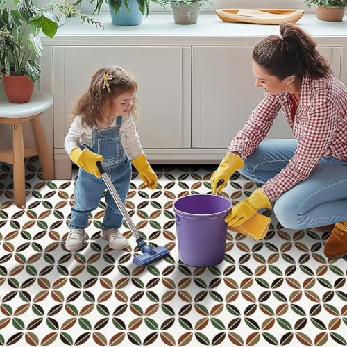 HOMETITUTE Retro Mid Century Leaf 12x12 Inch Peel Stick Vinyl Tile - color: Green, Brown