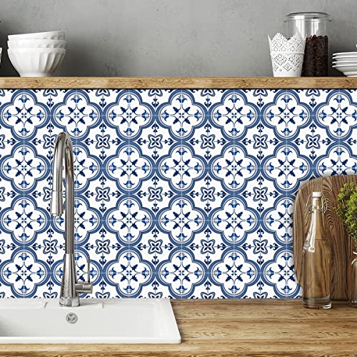 Vinyl Peel and Stick wall Tile Decals 6x6in Stick on backsplash,12Pc - color: Navy Blue and White 6x6