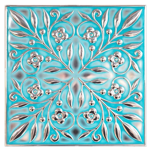 Peel and Stick Metal Tiles, Teal & Silver Leaves, 10-Pack - style: Teal and Silver Leaves