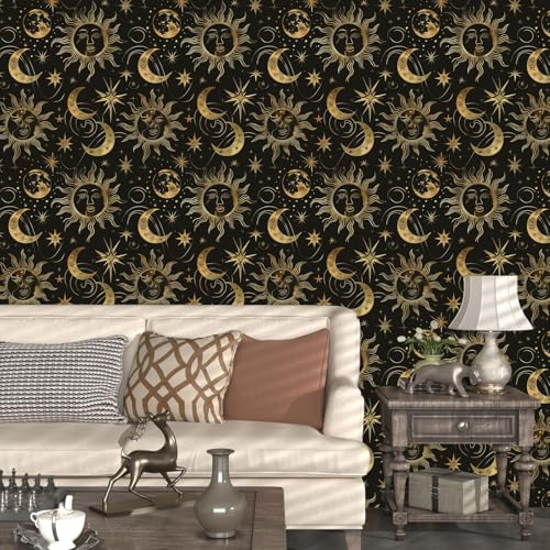 Laatse Celestial Sun Moon Wallpaper Peel and Stick 17.5"x 118",Black/Golden - color: Gold moon, size: 17.5" x 118"