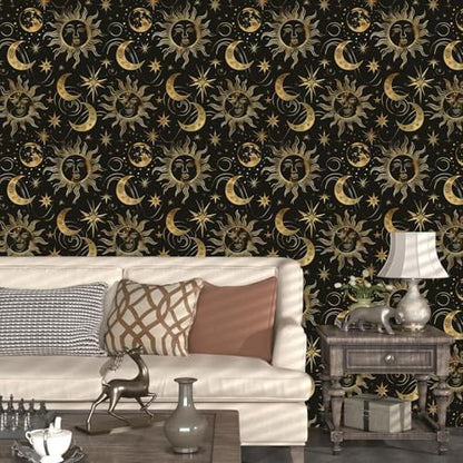 Laatse Celestial Sun Moon Wallpaper Peel and Stick 17.5"x 118",Black/Golden - color: Gold moon, size: 17.5" x 118"