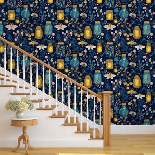 Enchanted Firefly Jar Peel and Stick Wallpaper, Night Botanical Wallpaper - color: ML-M036, size: 17.7" x 118"