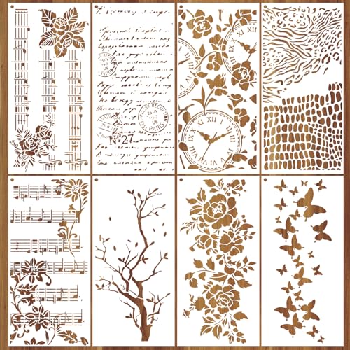 AFRITEE Floral Stencils for Crafts Reusable - 8 Pcs Large Texture Painting Stencils for Wood Furniture Decor, Butterfly Notes Painting Template for DIY Clothes Diary Canvas Creative Decoration - style: Texture