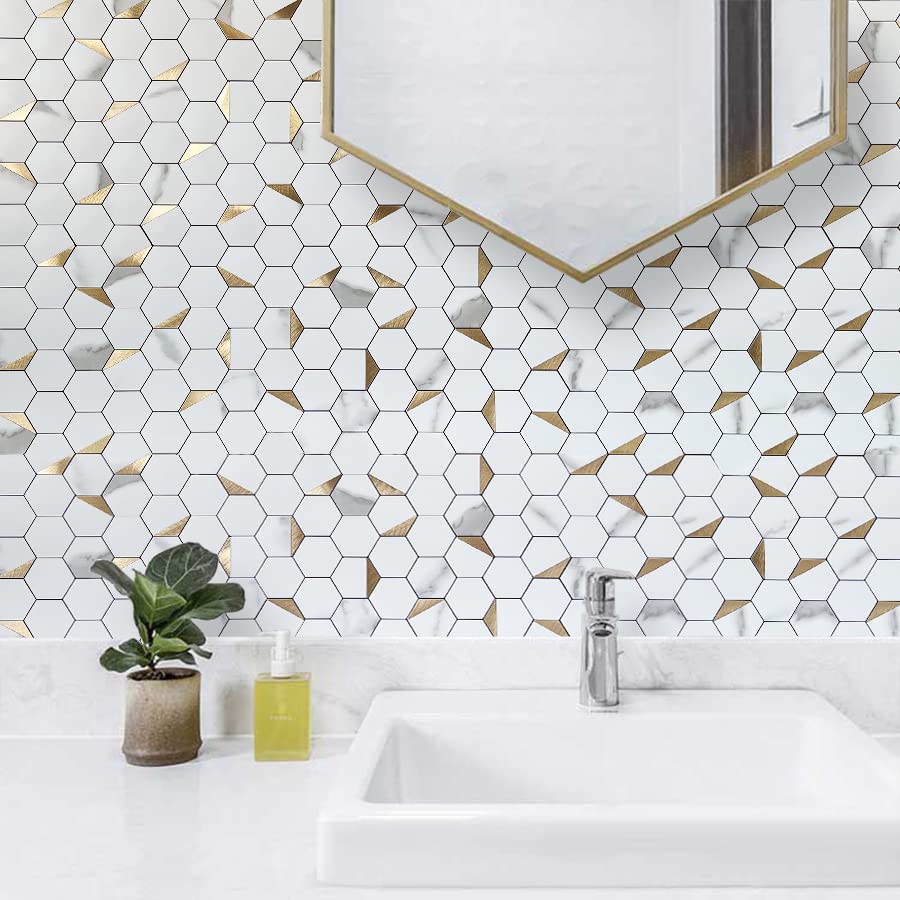 DICOFUN 1 Hexagon Tile Peel and Stick Backsplash, White Marble Look PVC Mixed Golden Metal Mosaic Tiles - color: Marble White + Gold Metal Chip, size: 1 Sheet, 12''x12''x0.12''