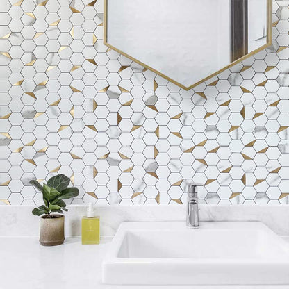 DICOFUN 1 Hexagon Tile Peel and Stick Backsplash, White Marble Look PVC Mixed Golden Metal Mosaic Tiles - color: Marble White + Gold Metal Chip, size: 1 Sheet, 12''x12''x0.12''