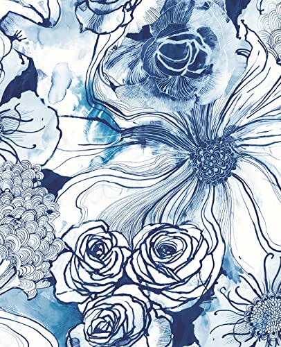 NextWall Harry & Grace Ink Rose Abstract Floral Peel and Stick Wallpaper (Celtic Blue) - color: Celtic Blue