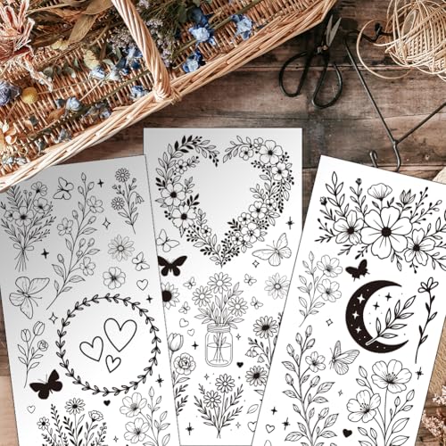 OLYCRAFT 3Pcs/Set Line Plants Rub on Transfers for Furniture and Craft 6x12 Inch Line Flower Furniture Decal Transfer Stickers Rub on Decal with 1Pc Scraper for Cabinet Wardrobe Decoration - style: Line plants