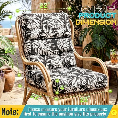 High Patio Chair Cushions High Back 44"x22"x4" Thick (Black White Leaf) - color: Black White Leaf