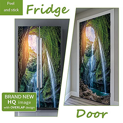 Nature Art Self Stick Vinyl Door Mural Sticker, Peel and Stick Removable Refrigerator Wrap Decal, Kiva Waterfall, 32.3x78.7, 2 Pcs Set - color: Kiva Waterfall