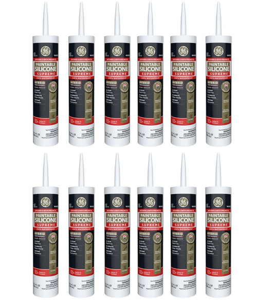 GE Supreme Paintable Silicone Caulk for Kitchen & Bathroom, White, 9.5 fl oz Cartridge, 12 Pack - 100% Waterproof Silicone Sealant, 7X Stronger Adhesion, Shrink & Crack Proof - size: Pack of 12
