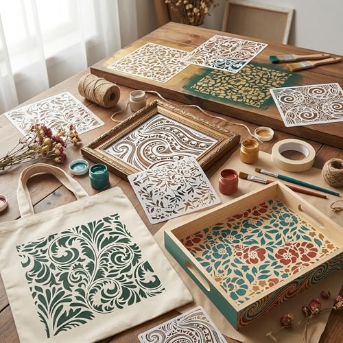 Retro Floral Pattern Painting Stencils Set - 8Inch/6Inch Reusable Flower Vine Swirl Stencil Templates for DIY Crafts, Wall Art, Furniture & Fabric Decor, Smooth PET Template for Acrylic & Spray Paint