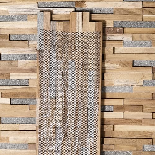 Bare Decor EZ-Wall Mosaic 3D Pattern with Stone Accents Tile in Solid Teak Wood Natural Finish, Set of 10 - size: 10 Sq Ft W/Stone