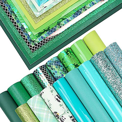 16 Pieces 8x6 Inch New Contrast Colors Blue Green Series Faux Leather Fabric Sheets Include Litchi Fine Chunky Glitter Panda Mermaid Scale Snake Texture Patent for Leather Earring Bows Making - color: Blue Green Series