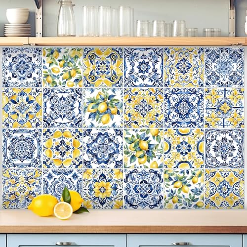 Faccito 24 Pcs Lemon 4x4 Tile Stickers Peel Stick Wall, Mediterranean - style: Lemon
