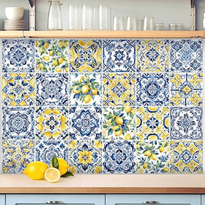 Faccito 24 Pcs Lemon 4x4 Tile Stickers Peel Stick Wall, Mediterranean - style: Lemon