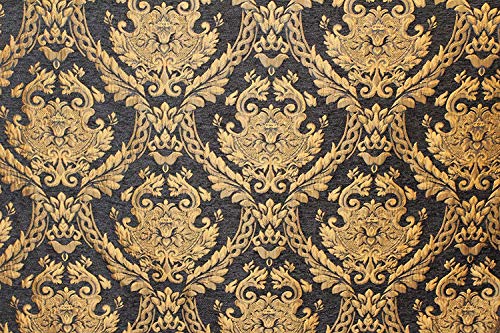 Damask Tapestry Chenille Fabric - Upholstery Fabric, 60" Width - Sold by The Yard (Black/Gold) - color: Black/Gold