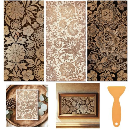 3 Sheets Vintage Golden Lacework Rub on Transfer for Craft 12×6in