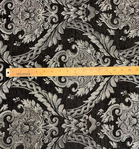 Damask Tapestry Chenille Fabric - Upholstery Fabric, 60" Width - Sold by The Yard (Black/Silver) - color: Black/Silver