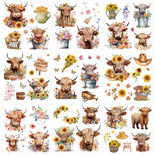 Rngmsi 9 Pcs Highland Cow Sunflower Rub on Transfers for Crafts 6.5x6.5 in - style: Highland Cow