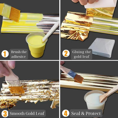 Gold Leaf Kit with Gilding Adhesive and Varnish, 100ml Water-Based Glue Sealer Set, Golden Foil Sheets for Art, Professional Metal Leafing Supplies, Furniture Painting Restoration Craft Tools