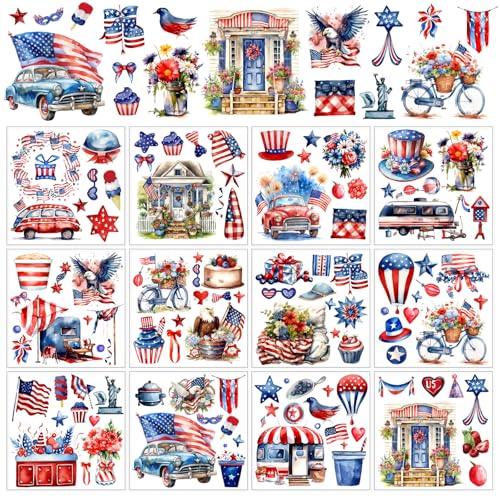 Whaline 12 Sheets Patriotic Rub on Transfer for Crafts Watercolor 4th of July Rub on Transfer Stickers Furniture Decals for 250th Anniversary Independence Day Party DIY Crafts, 5.5 x 5.5 Inch