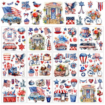 Whaline 12 Sheets Patriotic Rub on Transfer for Crafts Watercolor 4th of July Rub on Transfer Stickers Furniture Decals for 250th Anniversary Independence Day Party DIY Crafts, 5.5 x 5.5 Inch