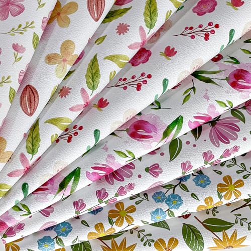 ONEART | 8 Pcs Printed Lychee Texture Faux Leather Sheets, 8"×12" Colorful Floral Synthetic Leather Fabric for Earrings DIY Crafts Making-Flower - color: Flower