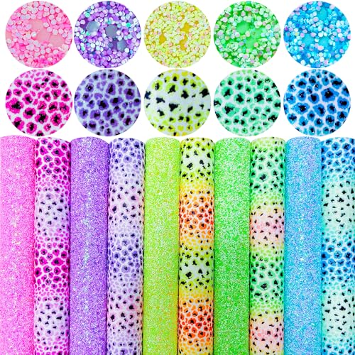 10pcs Colorful Rainbow Leopard Printed Faux Leather Sheets 8x12 inch Shiny Candy Color Glow in The Dark Chunky Glitter Girl Fabric for Bows (Rainbow Leopard), 19039 - color: Rainbow Leopard