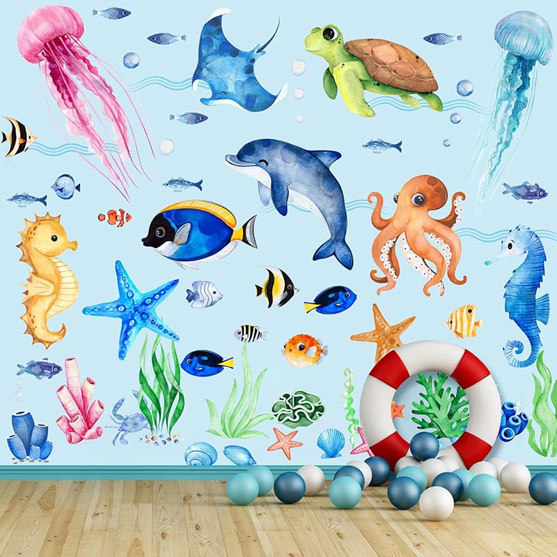 Ocean Sea Animals Wall Decals Stickers, 4 Sheets 52 Pcs - color: Ocean Animal