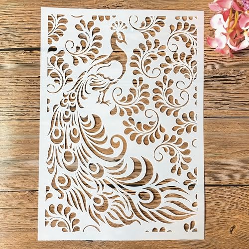 TIAMECH A4 Reusable Feather Leaves Peacock Stencil for Painting - style: Peacock and Leaves