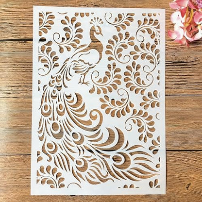 TIAMECH A4 Reusable Feather Leaves Peacock Stencil for Painting - style: Peacock and Leaves