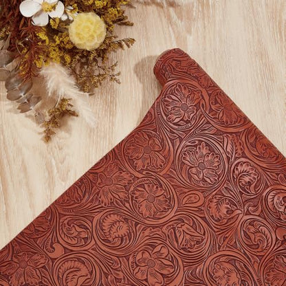 11.8 x 53.9 Inch Brown Floral Embossed Texture Leather Fabric