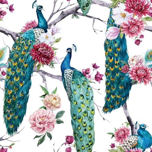 Chinoiserie Wallpaper Peel and Stick Waterproof Peacock Wallpaper Stick and Peel Blue Green Peacock Wall Paper for Bathroom Cabinets Floral Pink Peony Removable Floral Contact Paper 17.5x80 - size: 17.5" x 80"